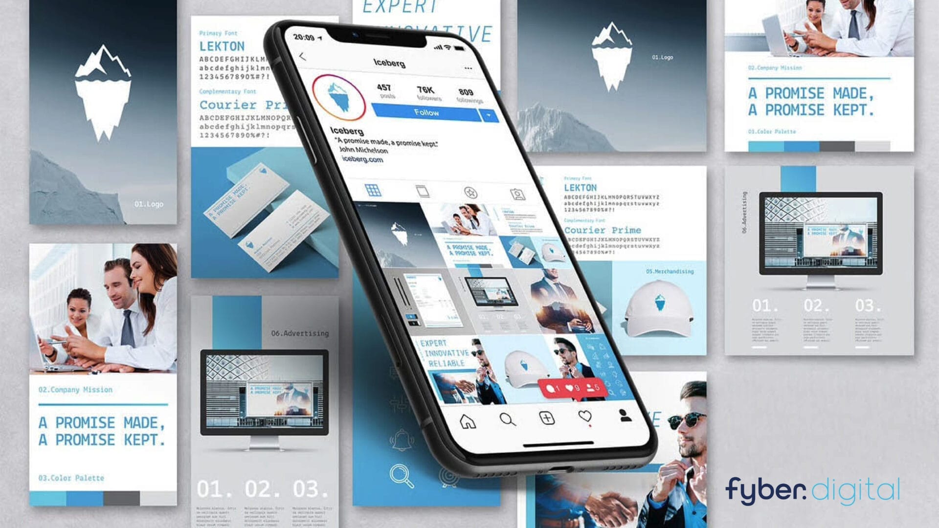 A smartphone displaying brand visuals surrounded by matching design materials, illustrating how consistent branding builds trust across digital and print media.