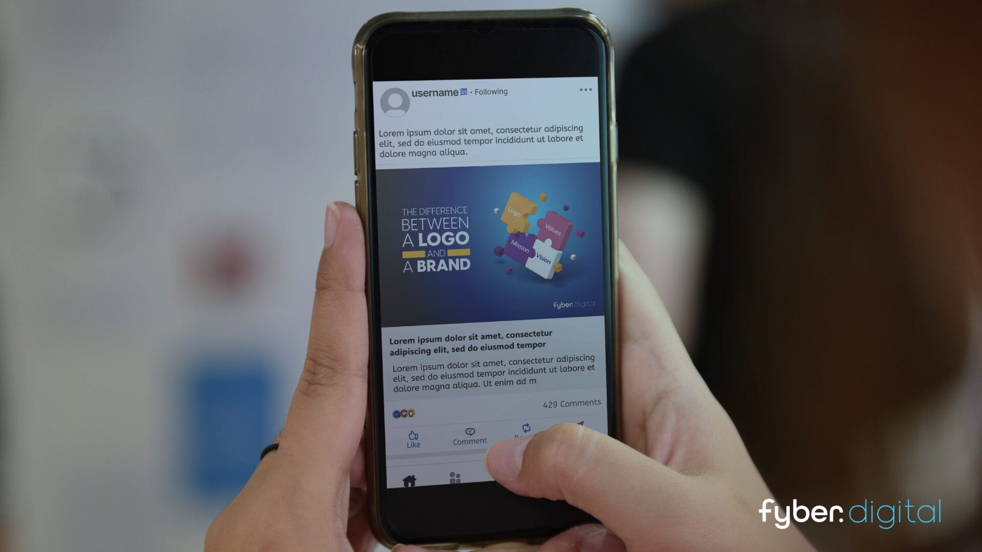 A person scrolling through a LinkedIn post on a smartphone displaying a professional business update, representing an effective LinkedIn content strategy for business.